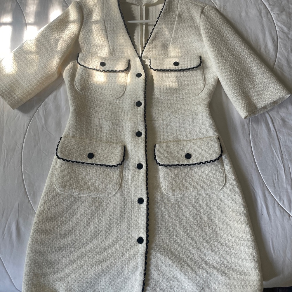 Maje Cream Tweed Mini Dress with Black Accents